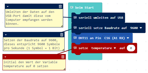 Erläuterungen zum Code für den DHT Sensor im Blockeditor in MakeCode
