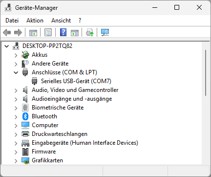 Microsoft Windows Geräte-Manager mit angeschlossenem Calliope