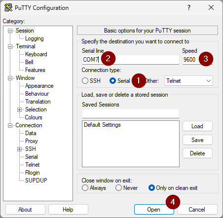 Einstellungen für Putty für die abfrage der seriellen Kommunikation