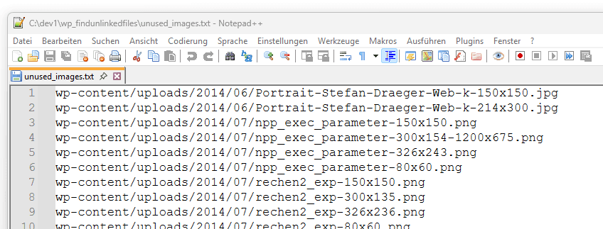 Ergebnisse der Suche nach verwaisten Bildern - Ausgabe TXT-Datei