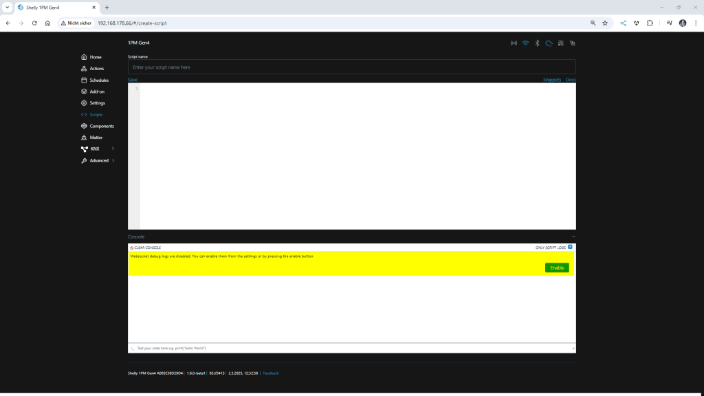 Shelly - Webinterface - Meldung fehlendes Recht für Debugausgaben