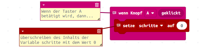 Taste A zum zurücksetzen der Variable schritte auf 0