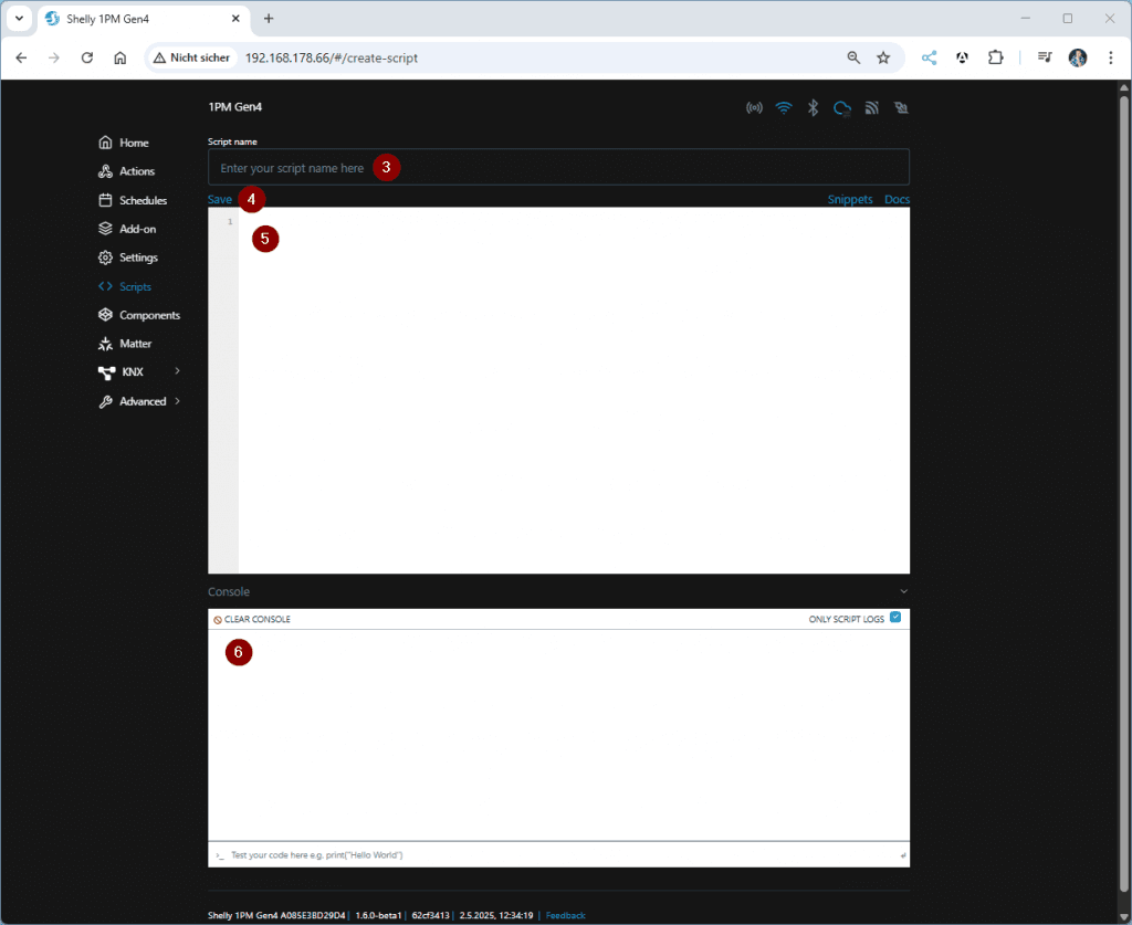 Shelly - Webinterface - Aufbau des Editors für Skripte