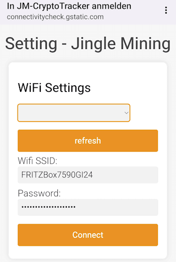 Jingle Mining - CryptoTracker - Einrichten - Step3 - Eingabe der WLAN Zugangsdaten