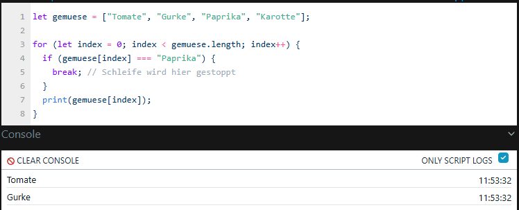 Shelly Scripting - Arrays - Abbrechen der ForSchleife mit break