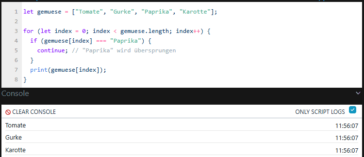 Shelly Scripting - Arrays - Überspringen von Elementen in der ForSchleife mit continue