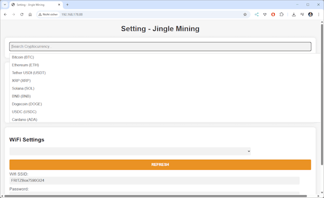 Weboberfläche - Jingle Mining - CryptoTracker - Auswahl Kryptowährung