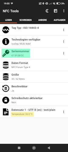Android - NFC Tools - NFC Temperatursensor ausgelesen