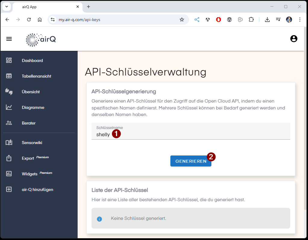 air-Q - generate API-Key Step2 - generate Key