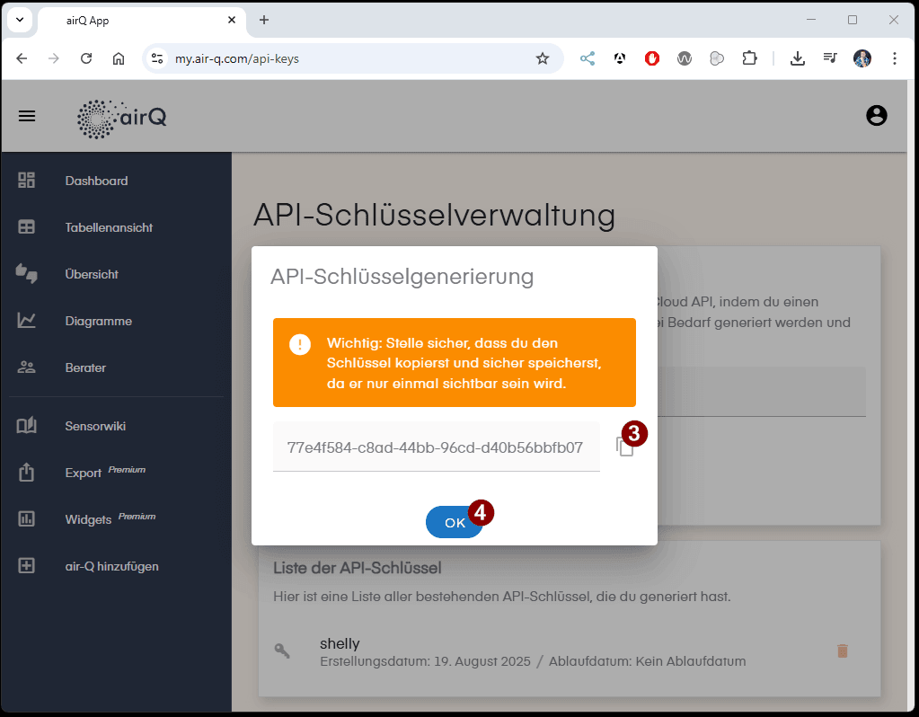 air-Q - generate API-Key Step3 - generate Key