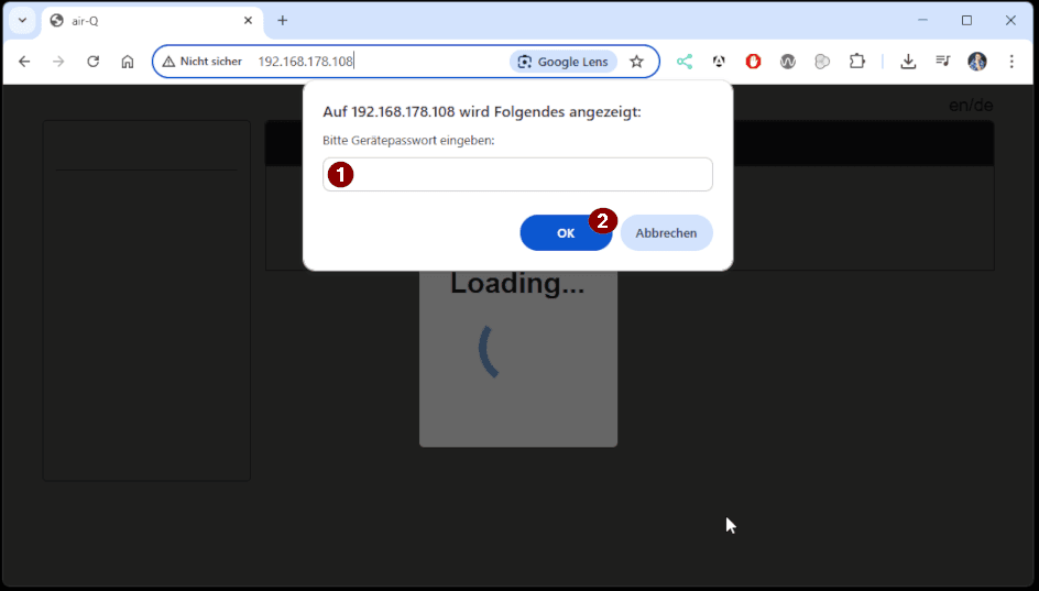 auslesen der deviceID vom air-Q pro via Webfrontend - Step1 - Login