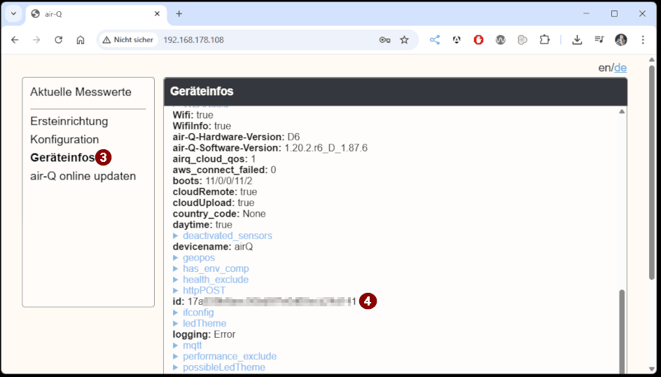 auslesen der deviceID vom air-Q pro via Webfrontend - Step2 - oeffnen Geraeteinformationen