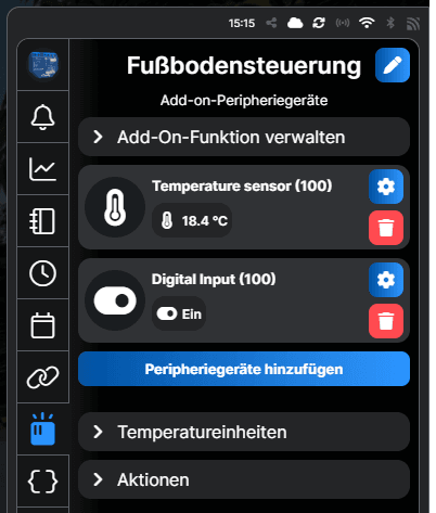 Einstellungen des Shelly AddOn mit Temperatursensor und Schalter am Shelly Plus 1