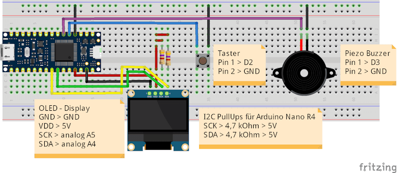 Schaltung - Arduino Nano R4 mit OLED-Display - Taster und Piezo Buzzer