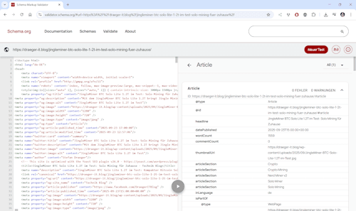 Schema Markup Validator - Step 3 - Analyse und Article Daten