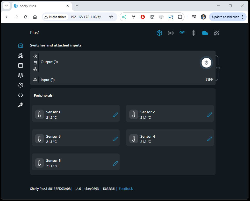 Shelly Plus 1 - Webfrontend mit 5 DS18B20 Sensoren über AddOn