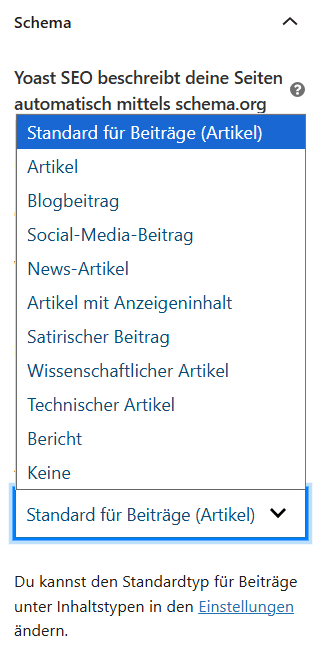 Yoast SEO - anpassen der Strukturierten Daten für einen Blogbeitrag - Artikeltyp