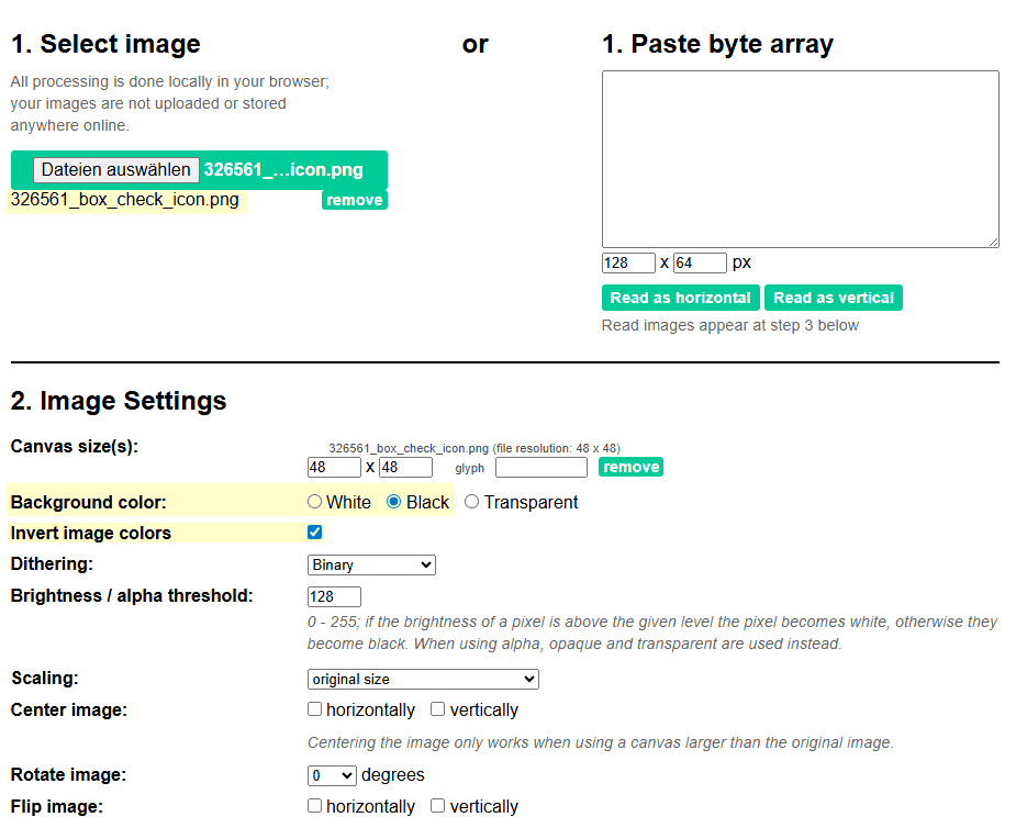 Einstellungen für image2cpp