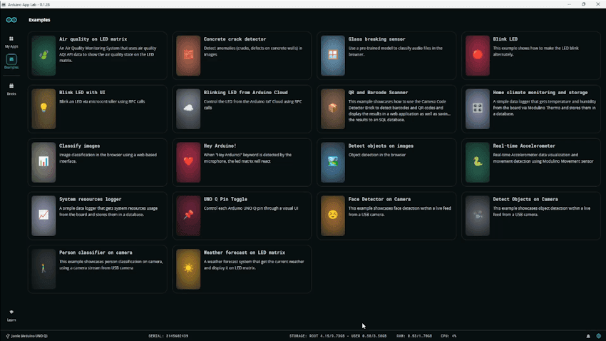 Beispiele in der Arduio App Lab für den Arduino UNO Q