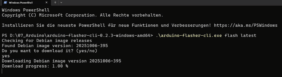 PowerShell - aktualisieren des Arduino UNO Q über arduino-flasher-cli