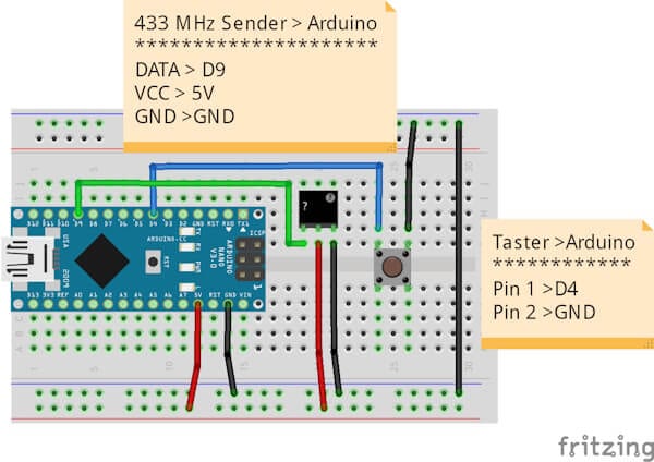 Schaltung - 433 MHz Sender am Arduino Nano mit Taster