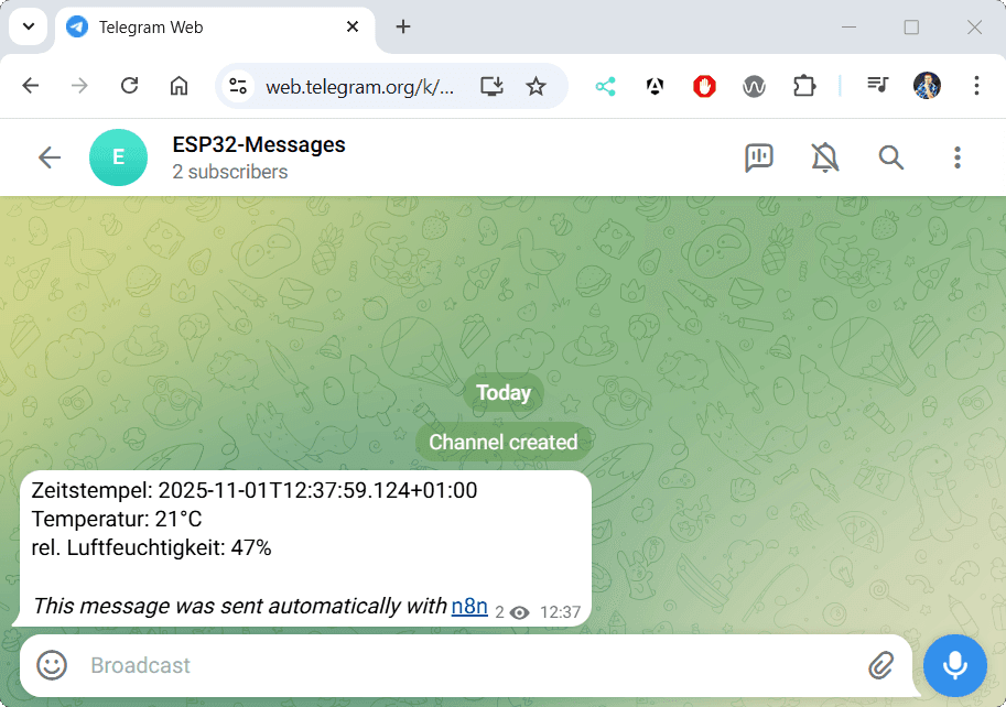 Telegram Channel mit Nachricht aus einem n8n Workflow