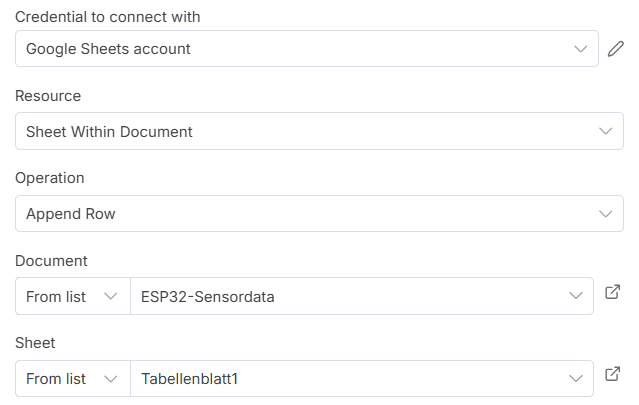 n8n - Node Google Sheets - Einstellung- Auswahl des Datenblattes
