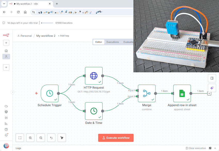n8n Workflow - ESP32 - Temperatur in Google Sheets schreiben