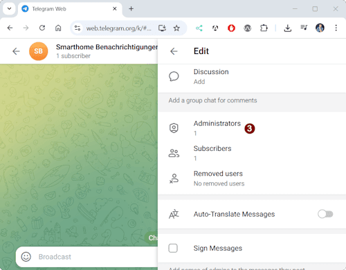 Telegram - Channel bearbeiten - Bot hinzufügen - Step 2