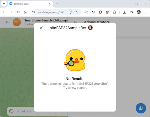 Telegram - Channel bearbeiten - Bot hinzufügen - Step 4 - failed
