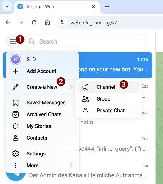 Telegram - Channel erstellen - Step 1