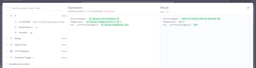 Telegram - Expression Editor für das formatieren der Telegram-Nachricht