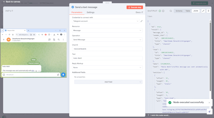 Telegram Node - Konfiguration - Testnachricht absenden - fertig