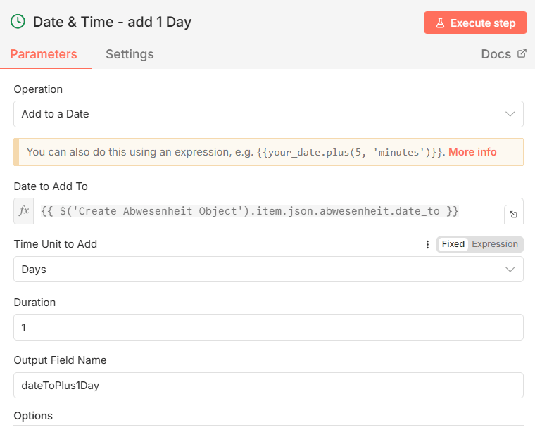 n8n Workflow - Abwesenheitskalender -DatumBis plus 1 Tag3