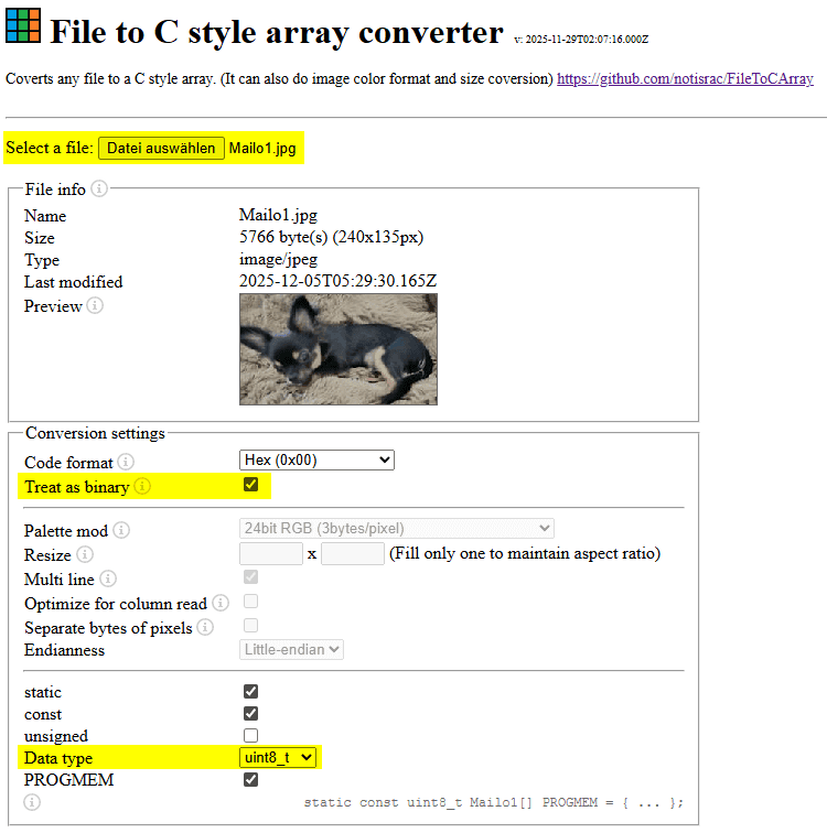 Einstellungen für den File to C style array converter
