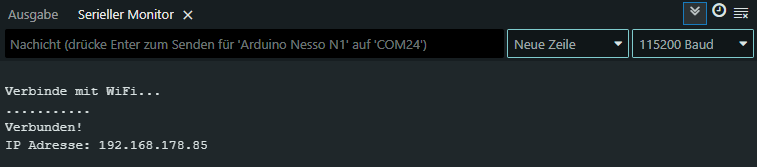 IP-Adresse des Arduino Nesso N1 im seriellen Monitor der Arduino IDE