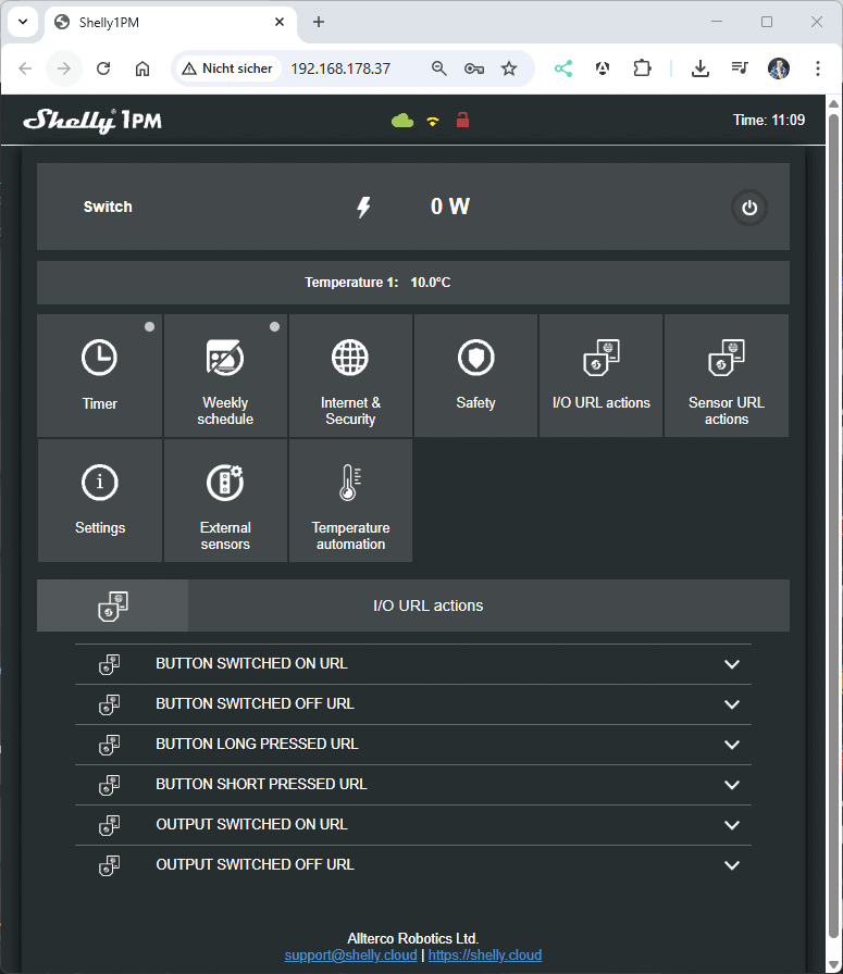Shelly 1PM (alt) - Actions - Weboberfläche