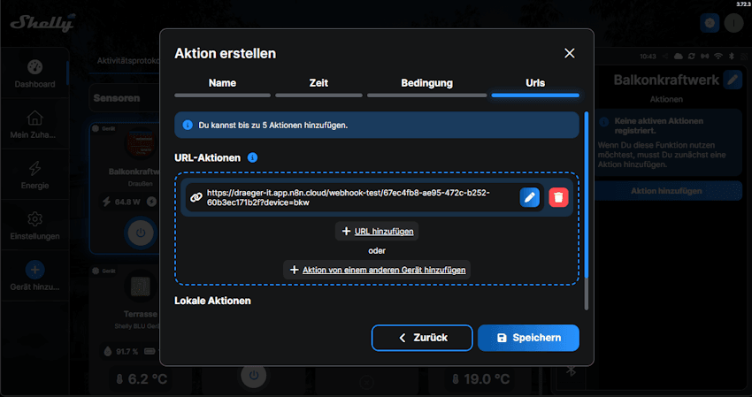 Shelly Controll - Add Action - Step5- weitere Urls oder aktionen hinzufügen