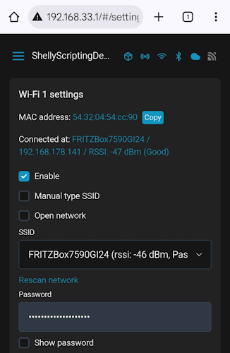 Shelly Webfrontend - WiFi konfigurieren