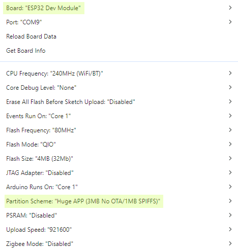 ESP32-2432S028 - CYD - Einstellungen in der Arduino IDE