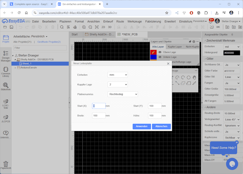 EasyEDA - Konfiguration des PCB Layouts setzen