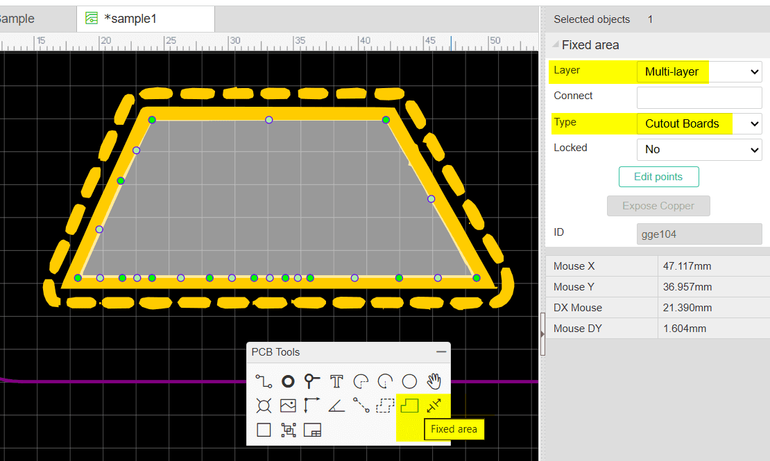 EasyEDA - Fixed Area als Cutout setzen