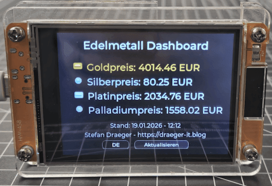 Edelmetall Dashboard mit ESP32-2432S028 - deutsch