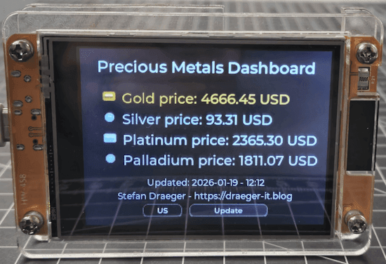 Edelmetall Dashboard mit ESP32-2432S028 - englisch