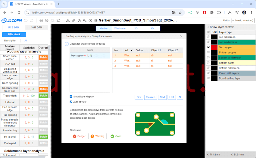 JLCDFM Tool - Leiterbahn - zu spitzer Winkel