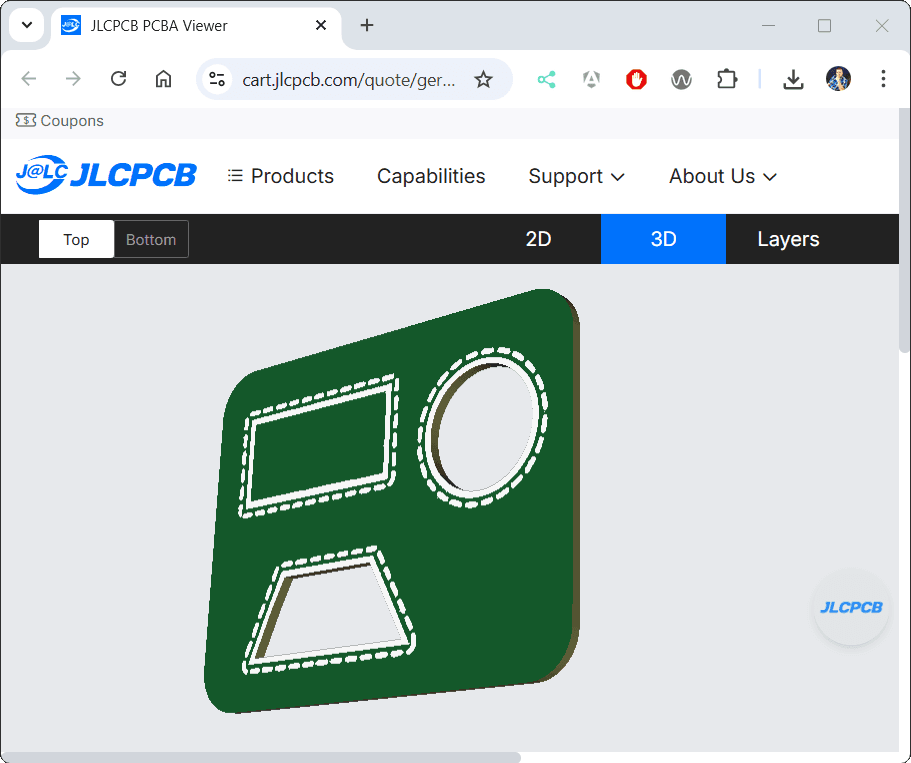 JLCPCB - Gerber Viewer - 3D Ansicht Cutouts
