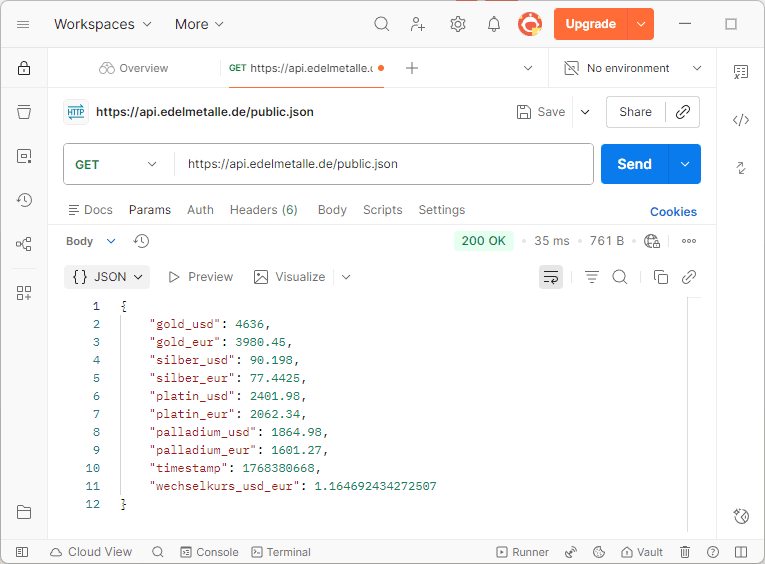 Postman - Abruf der Daten von edelmetalle-de
