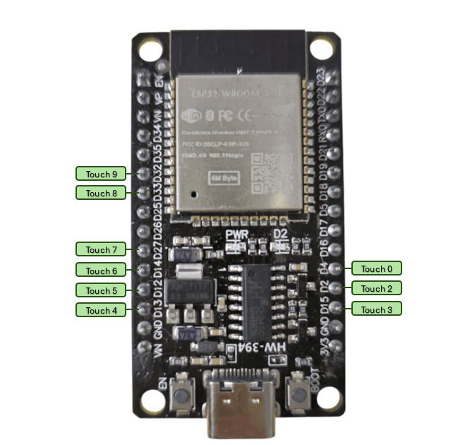 Touchpins am ESP32-WROOM-32D Mikrocontroller