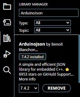 Bibliothek ArduinoJSON im Bibliotheksverwalter der Arduino IDE