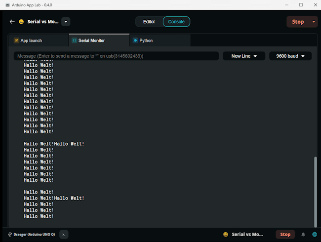 Arduino App Lab - Ausgabe von Debugausgaben mit Monitor